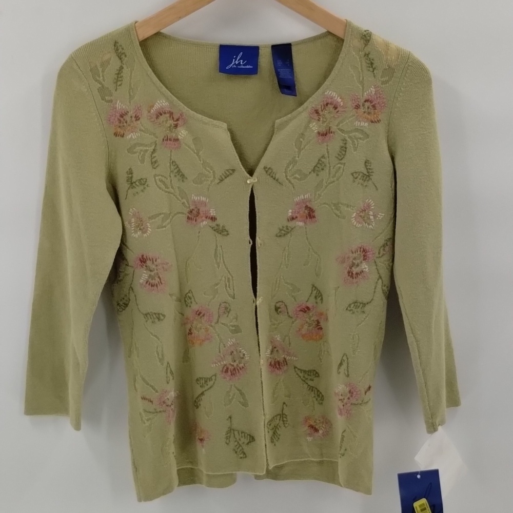JH Collection green fairy small embroidered boho belly knit sweater cardigan